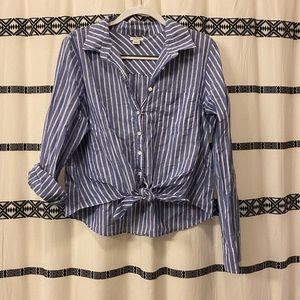 J. Crew Blue Striped Cropped Tie-Front Button Down